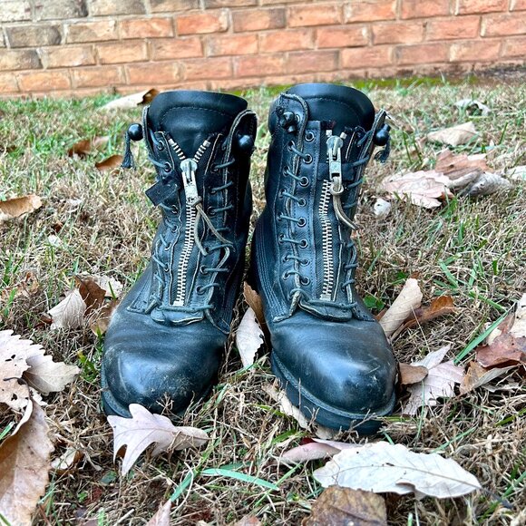 Vintage 1990s Ranger Firefighter Boots Size 10 W Black Leather Zipper Lace Up - Picture 1 of 16